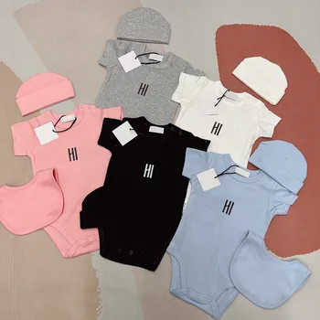 1 комплект/3 бр., дрехи за новородени момчета и момичета с къс ръкав, комплект за бебе, лигавник с шапка, летни дрехи за малки момчета