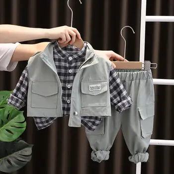 2022 Корейски Стил, пролетно-есенни комплекти дрехи за Малки Момчета, памук жилетка с дълги Ръкави + риза + Панталон, 3 бр., Ежедневни облекла за Деца