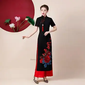 2023 вьетнамское-секси ретро ад дай, елегантна китайското рокля чонсам + комплект панталон, винтажное сватбена вечерна рокля ципао с цветна бродерия