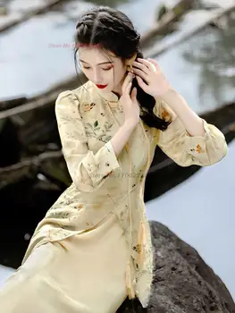 2023, китайското рокля, женски винтажное ципао, елегантен шифоновый чонсам с флорални принтом, китайското елегантна вечерна рокля, на източното ретро ципао