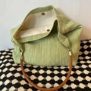 2023 Нова зелена проста ретро памучен чанта през рамо в стил хипи, по-голямата голям чанта за пазаруване, холщовая чанта-тоут, дамски чанти японската мода