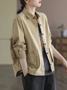2023, пролет-есен, Нов художествен стил, женски свободни къси палта с дълъг ръкав, универсални ежедневни памучни якета с двойни джобове
