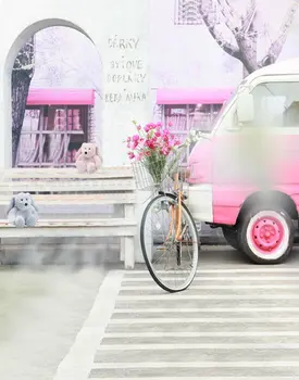5x7 фута Сладък мечка розово автомобилен магазин пътни фонове, за снимки, декори за студия, фон