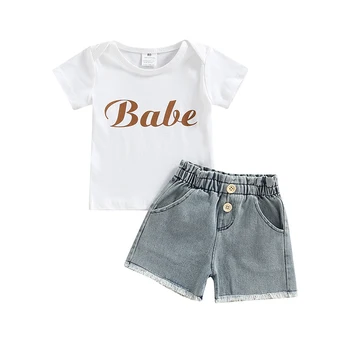 FOCUSNORM/ комплекти дрехи за малките момичета от 0 до 4 години, 2 бр. тениски с къс ръкав и надпис Бейб + сини дънкови къси панталони с висока талия