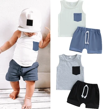 FOCUSNORM/ летни всекидневни комплекти дрехи за малки момчета 0-24 м, цветни върховете на бретелях в стил мозайка, без ръкави и ластични шорти