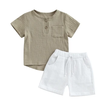 FOCUSNORM/ летни всекидневни комплекти дрехи за момчета, 2 бр., обикновена тениска с къси ръкави и джобове, Панталони на съвсем малък, 0-4Y