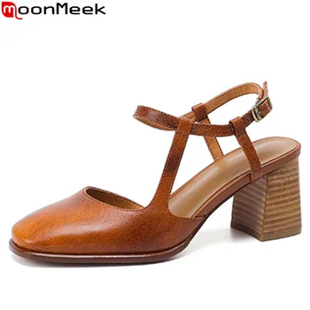 MoonMeek/новост 2022 г.; сандали от естествена кожа с каишка и катарама; дамски обувки на висок квадратен ток, а просто женски модела обувки в римски стил;
