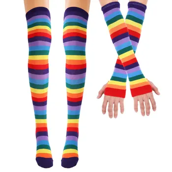 MSemis Цветни преливащи се цветове шарени чорапи чорапогащи до коляното, топли ръкавици за ръце, костюмированная парти за Хелоуин, Cosplay, празнични подаръци