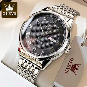 OLEVS Мъжки часовник с Класически прости оригинален кварцов мъжки часовник от неръждаема стомана водоустойчив ръчен часовник с римската мащаб Дата на Седмица