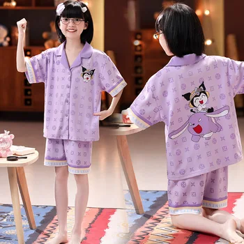 Sanrios Kawaii Аниме Kuromi Cinnamoroll Hello Kitty Сладко детска пижама с картина на картун за момичета, летен памук комплект дрехи за дома в тънките сечение подарък