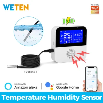 Sasha Smart Wifi Сензор за температура и влажност, вода, термометър-влагомер за фризера, външен сензор, LCD дисплей, аларма