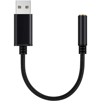 Аудиоадаптер с USB конектор за слушалки 3.5 мм, Външна стереозвукокарта за КОМПЮТЪР, лаптоп, PS4, Mac и т.н., (0,6 метра, черен)
