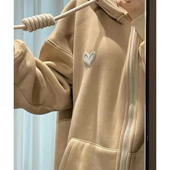Дамски дрехи, палта, американски ретро дизайн, тънка бродерия цвят Каки, кратък контрастен сладък готин топ с цип с дълги ръкави за горещо момиче