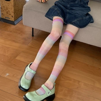 Дамски летни чорапи в стил харадзюку, многоцветни, в розово ивица, над коляното чорапи в рибарска мрежа в стил Лолита