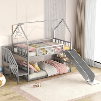 Двуетажно метално легло Twin върху Twin, домашна легло с пързалка и стълбище, сребриста