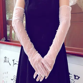 Дълги сватбени ръкавици булката всичко се отнася до сватба ръкавици, които с корейски дантела, оригинален нов бял перлата на мрежесто