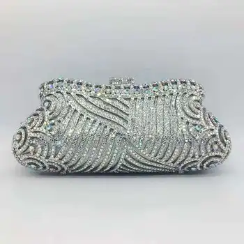 Жена златен / сребърен клатч с кристали, вечерна дамска чанта с кристали, метален дамска чанта за купоните, жените сватбената чанта с диаманти във формата на сърце