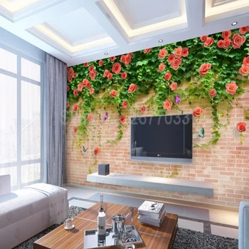 Индивидуална стенопис, 3D тапети, Тухлена стена, декорация от цветя, лоза, голяма водоустойчив плат, на фона на телевизор в хола, домашен декор