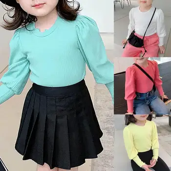 Колекция от 2021 г., пролет-есен, модни нови дрехи за малките момичета, вязаный пуловер с дълги буйни ръкав и кръгло деколте за малки момичета, детски риза