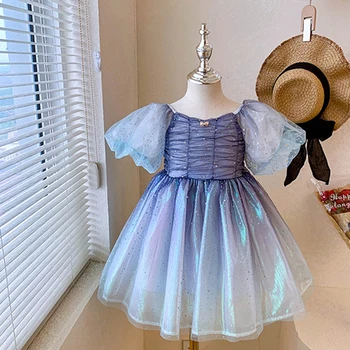 Корейското лятото синя рокля за момичета, модни плисирани рокли принцеса с ръкави-мехурчета, детски дрехи за момичета, рокли с пайети за рожден Ден
