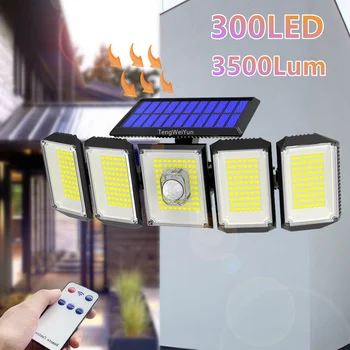 Лампа за слънчева батерия 300LED, датчик за движение PIR Слънчева светлина, IP65, 5 глави, монтиран на стената градински декор, паник градинска лампа за Сигурност