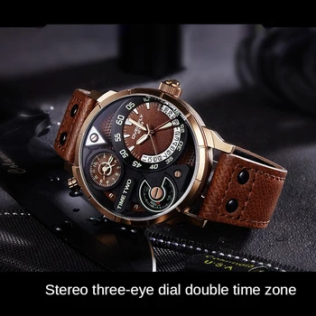 Мъжки модерен часовник, индивидуалност, кварцов часовник с двойната часова зона, многофункционални светещи двойни водоустойчив мъжки часовник с три очи