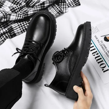 Мъжки обувки 2023, Нова Лятна Ежедневни кожени обувки в черен цвят, в британския стил, Мъжки Бизнес обувки за студенти, Модни Работна обувки с Голяма глава, Мъжки обувки S