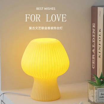 Настолна лампа с Цветен стъклен гъба за декор на стаята, детски шарени USB-вилица, реколта маса стъклена лампа, подарък за спални, скандинавски, нощни осветителни тела