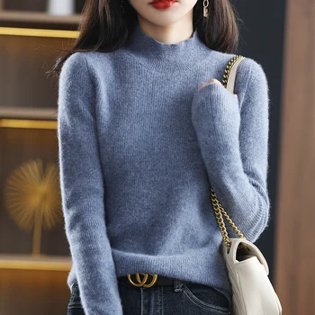 Нова есенно-зимния женски вязаный пуловер с къс деколте от 100% вълна, свободна вълнена долна риза
