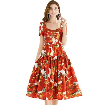 Ново лятно дамско секси дебнещ рокля с квадратна яка и къс ръкав, дизайн дрехи за модния подиум с принтом домати по поръчка от висок клас