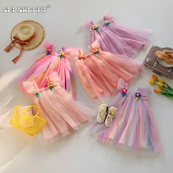 НОВОСТ 2023 година За деца, преливащи сетчатое рокля, летни рокли пачки принцеса с цветове, с дълъг ръкав и 3D цветя за момичета, детски дрехи
