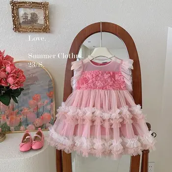 Продажби на дребно, ново лятно сетчатое рокля с цветен Печат за Малки Момичета, сладък рокли на принцеси за деца от 3 до 8 години