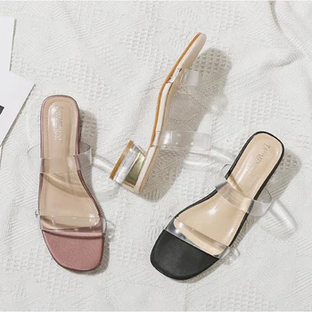 Прозрачни пластмасови чехли с каишка, дамски джапанки с отворени пръсти, плажни сандали на масивна прозрачен обувки, дамски обувки pantufa, модни пързалки