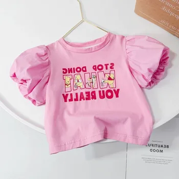 Тениска за момиченца, Летни Нови Розови Тениски с пищни ръкави За Деца, Модерни Ежедневни Блузи с писмото принтом, Детски Удобни памучни тениски