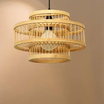 Тъкани бамбук лампа за монтаж на таван, осветление в хола в ретро стил