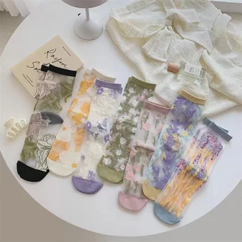 Тънки прозрачни копринени чорапи в стил харадзюку с кристали, летни чорапи в японски стил за красиви японски момичета, дамски ластични чорапи в стил ретро със средна дължина
