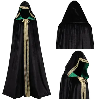 Халат вещици-магьосник с качулка, костюм за cosplay, черно Кадифе завързана прикрит в контрастен цвят, облекло за Хелоуин, кралят костюм