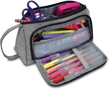 Холщовая чанта за моливи с голям капацитет, молив случай за съхранение на училищни и офис пособия, два отвора с цип, тканая плат