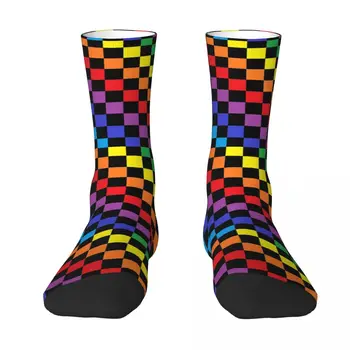 Чорапи контрастен цвят в клетка цветове на дъгата, еластични чорапи с хумористичен модел, ретро отглеждане R92