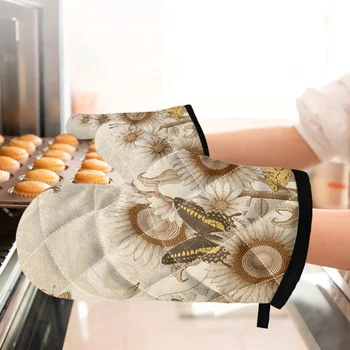 2 бр. Реколта ръкавици с принтом пеперуди и семки, изолирани ръкавици за печене и печене на грил, топлоустойчива нескользящие ръкавици за микровълнова, домашни
