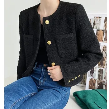2022 Нови Висококачествени дамски модни якета от черен Твида с джобове и златни копчета, елегантни палта, есенно-зимни дамски Дрехи
