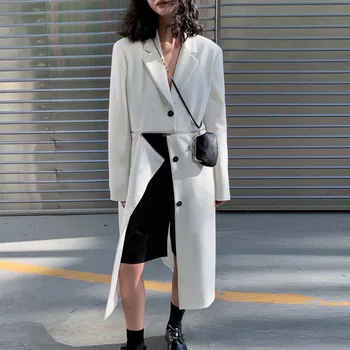 2023 женски блейзър бял цвят, в корейски стил, дълго приталенное на козината, без колан, офис дамски елегантен модерен свободна яке