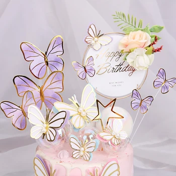 3 бр./лот, розово-лилави пеперуди, топперы за торта 