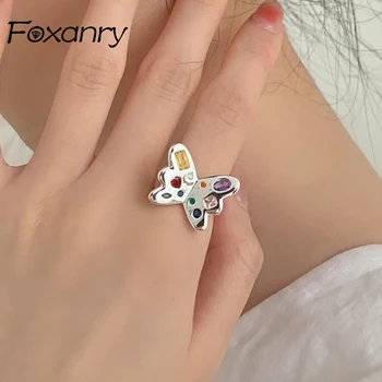 Foxanry Цветни годежни пръстени с цирконии за жени, корейската мода, елегантни пеперуда, геометрични орнаменти ръчно изработени подаръци за партита Пръстен