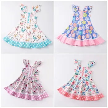 Girlymax, лятна рокля с цветен печат за малки момичета и пилета, бутиковая дрехи, млечен коприна, къдри, дължина до коляното, без ръкави