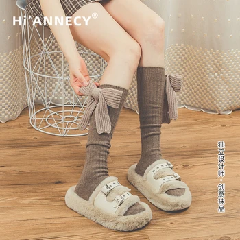 HIANNECY, оригинални есенни и зимни вълнени дамски чорапи със средна дължина, аксесоари с лък, дебели чорапи в стил Лолита 