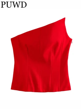 PUWD Дамски Модни Червени асиметрични Тениски без презрамки 2023, Лятна реколта дамски блузи без ръкави и страничен цип, Mujer