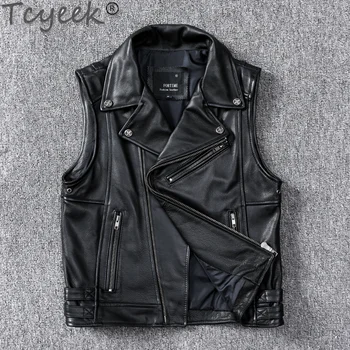 Tcyeek, нови мотоциклетни якета без ръкави, мъжки пролетно-есенна жилетка от естествена кожа, мъжки дрехи, кратък жилетка от волска кожа, LM
