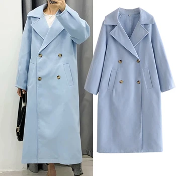 ZA 2020 ново дамско елегантно синьо двубортное палта с ревери голям размер, стилни връхни дрехи, дамско палто за есен-Зима