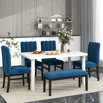 Бяло + Синьо маса за Хранене от 6 теми, облицована с мрамор, и 4 заведения за хранене стола с байковой тапицерия и Пейка за сядане